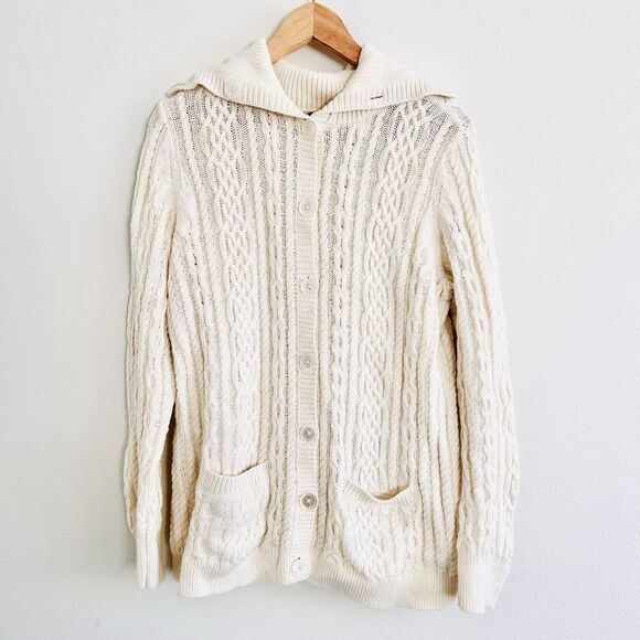 Talbots Cable Knit Fisherman Cardigan Sweater Size L Cream READ - Picture 3 of 14